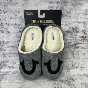 NWT‎ True Religion Men's Slippers X-Large 13 Gray Sherpa Lined Logo